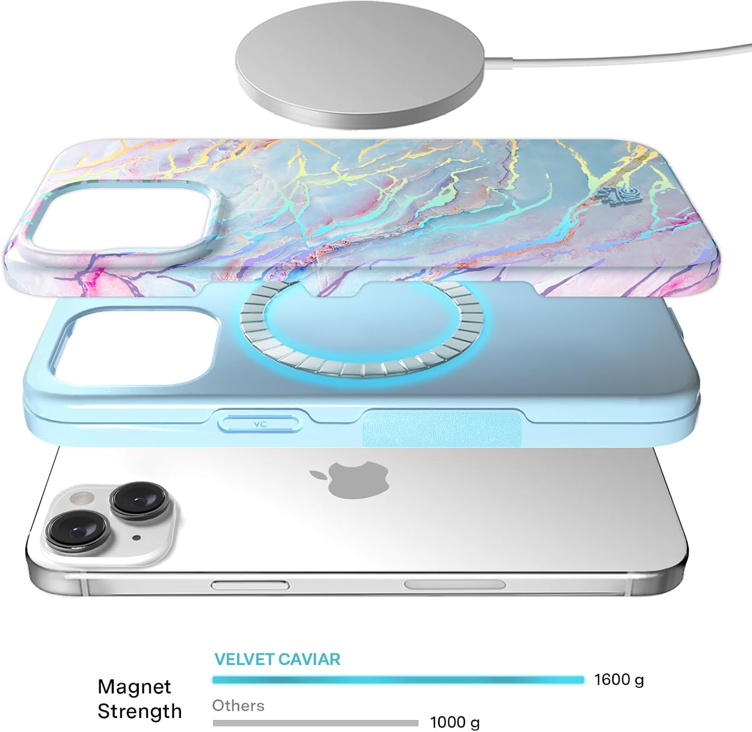 VELVET CAVIAR for iPhone 15 Case Marble - Cute Protective Cover for Women - Compatible with MagSafe - 10ft Drop Tested - Holographic, Blue, Pink - Image 3