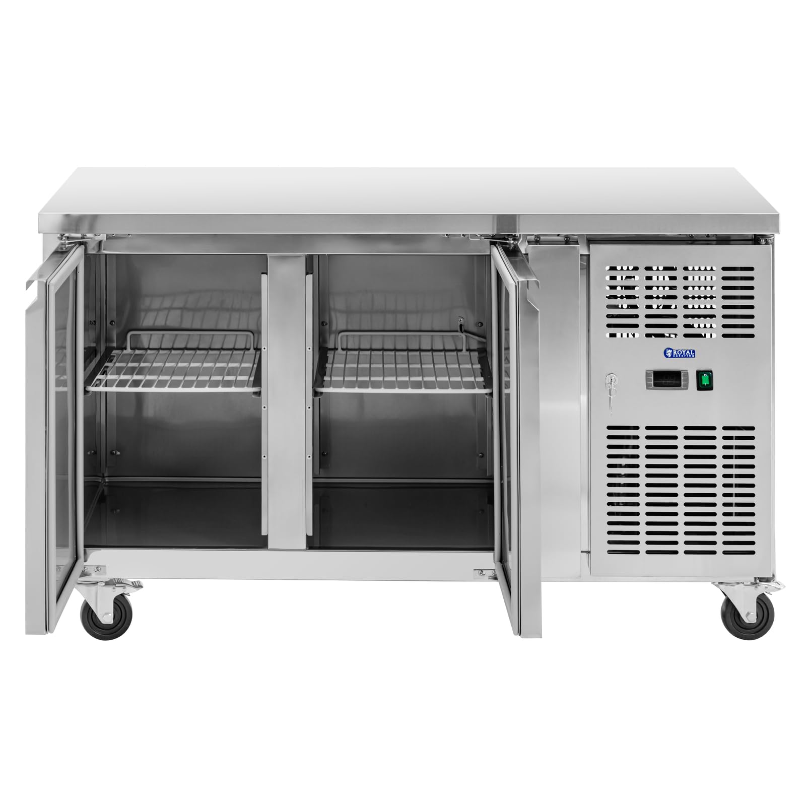 Royal Catering Mesa Refrigerada de 260 L y 136 x 70 cm con Ruedas 2 Compartimentos Clase B en Acero Inoxidable Bajomostrador refrigerado Mesa con refrigeración Mostrador refrigerado para hostelería