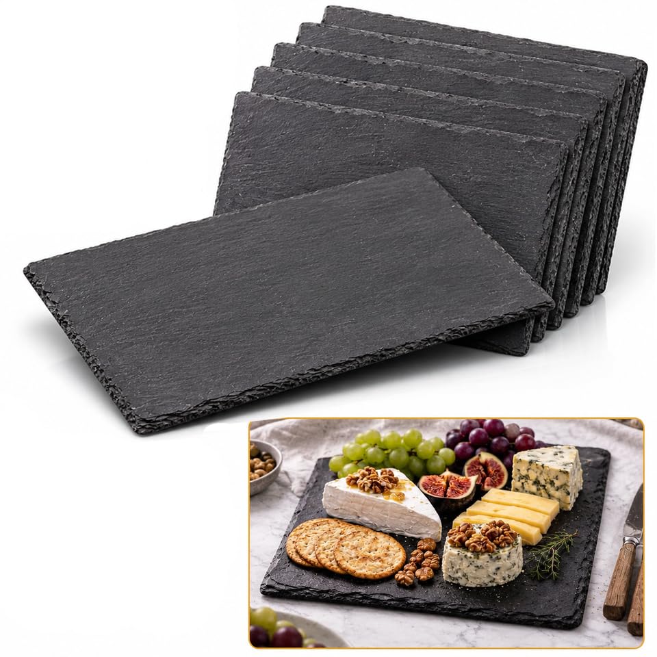 Natural Slate Serving Board 35x25cm Cheese Board Platter – Durable Stone Food Tray, Rustic Serving Board Black - 6 Pack, One Size