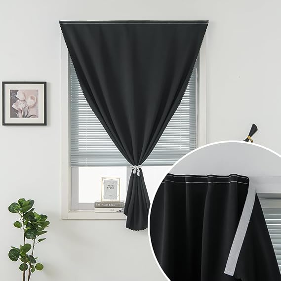 Adhesive Blackout Curtains- Self Stick Shades Window Blinds Curtains No Rod Needed Easy to Hang Curtains, Use for Bedroom, Living Room, Dining Room, Kitchen, Home Office, 35W X 59L, Black, 2 Panels