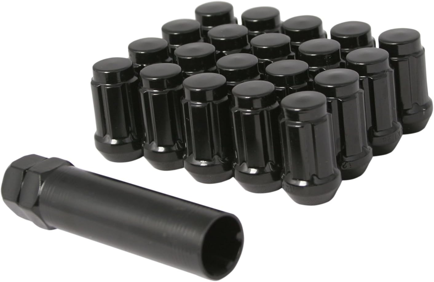 20pcs UberTechnic Black Spline Drive Lug Nuts - 12x1.5 Threads - 1.4 inch Length - Closed End - Cone Acorn Taper Seat - Includes 1 Socket Key Tool - For many Acura Chevy Honda Lexus Mazda Toyota Tuner
