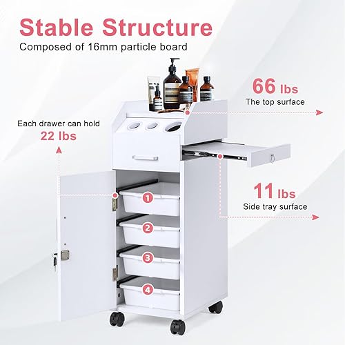 Miniatura 7 de Winado Carrito de almacenamiento de peluquería con ruedas y 3 soportes para secador de pelo, 4 cajones y cerradura y 2 llaves, estación de