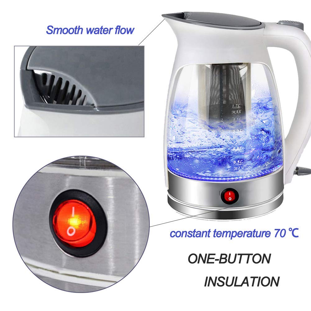 Bollitore elettrico in vetro, bollitore ecologico con LED illuminato, bollitore senza fili senza BPA con coperchio e fondo interni in acciaio inossidabile, spegnimento automatico rapido e protezione