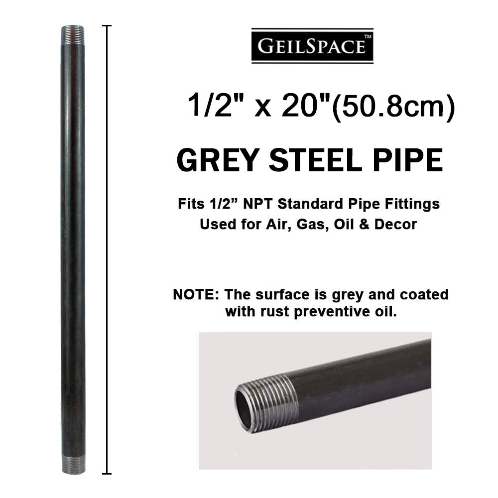 GeilSpace Paquete de 6 tubos de metal gris precortados resistentes de 1/2 x 20 pulgadas, acero industrial, se adapta a tuberías y accesorios roscados estándar de media pulgada, estantería industrial