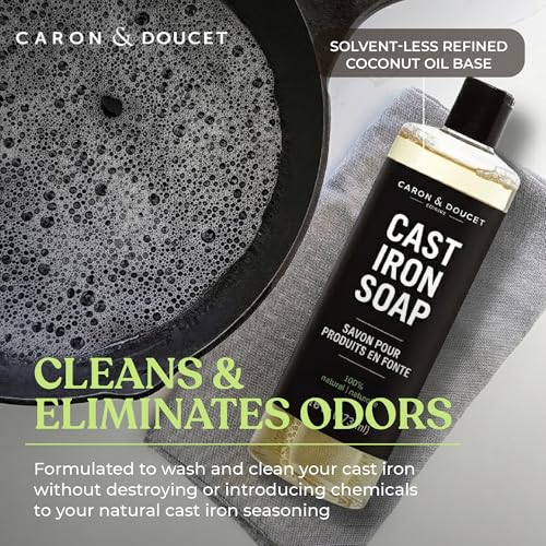 Image of CARON & DOUCET - Cast Iron Cleaning & Conditioning Set PLUS: Seasoning Oil & Cleaning Soap | 100% Plant-Based | Best for Washing, Restoring & Seasoning Cast Iron Skillets, Pans & Grills - 16oz Each