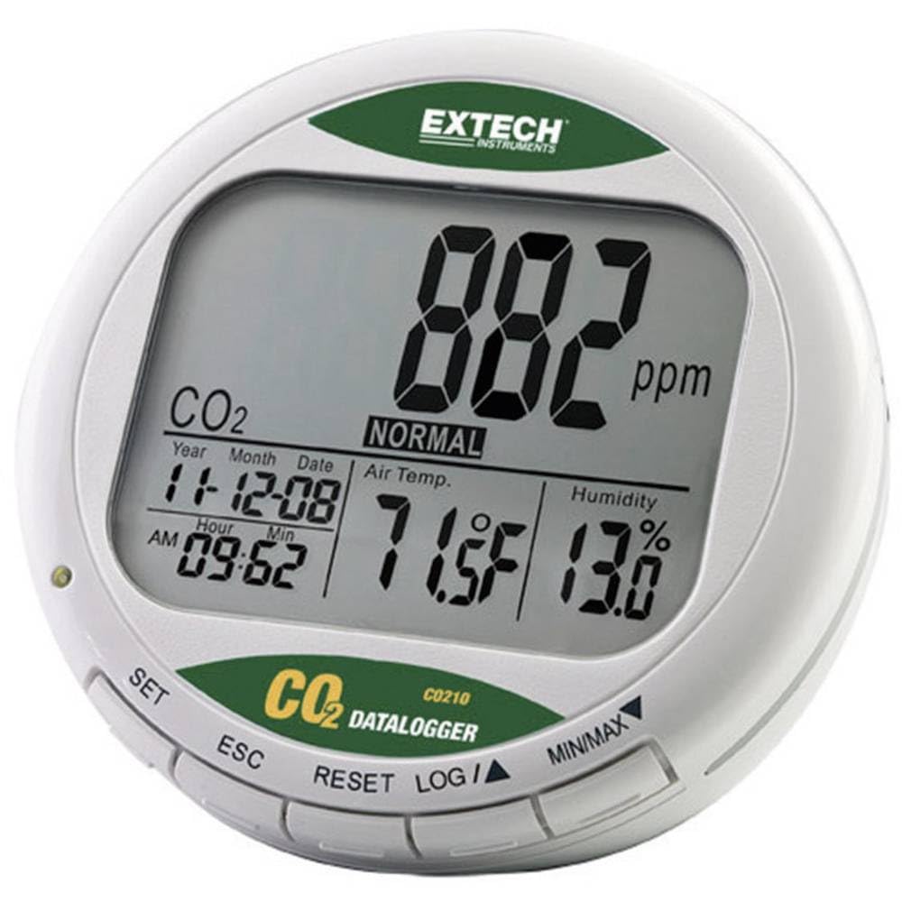Extech CO210 Luftqualitäts-CO2-Datenlogger | CO2 0-9999 ppm, Temp, Feuchtigkeit, 5333 Einträge je Parameter, Basiskalibrierung, Alarme, USB