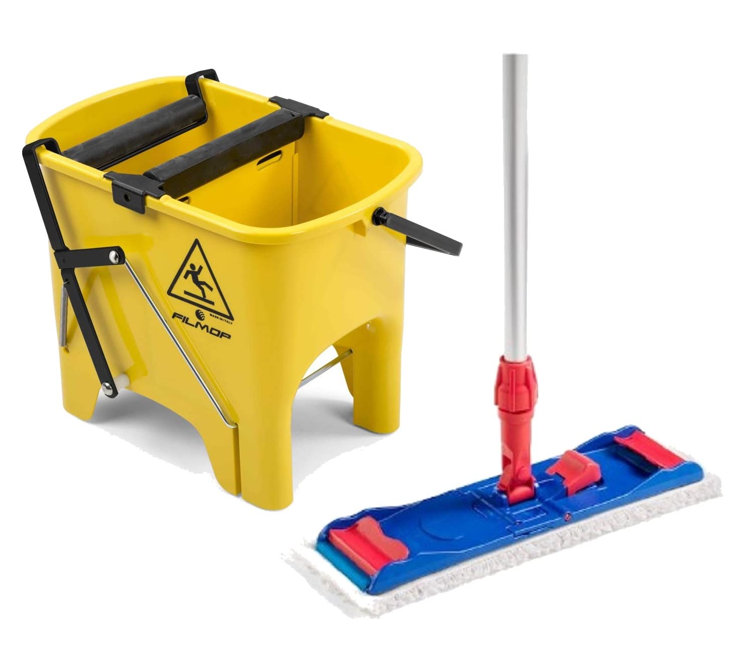 Kit secchio lavapavimenti Filmop Ro-Cket con strizzatore a pedale + 1 telaio pieghevole + 1 Mop Speedy in Microfibra. Lavi. strizzi e non pieghi la schiena.
