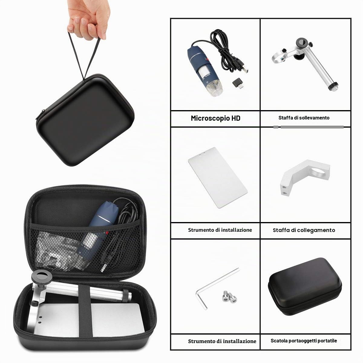 Jiusion Microscopio digitale USB HD 2MP 40-1000X Fotocamera per endoscopio con ingrandimento portatile con 8 LED Supporto stabile in lega di alluminio per OTG Android Mac Windows 7 8 10 11 Linux