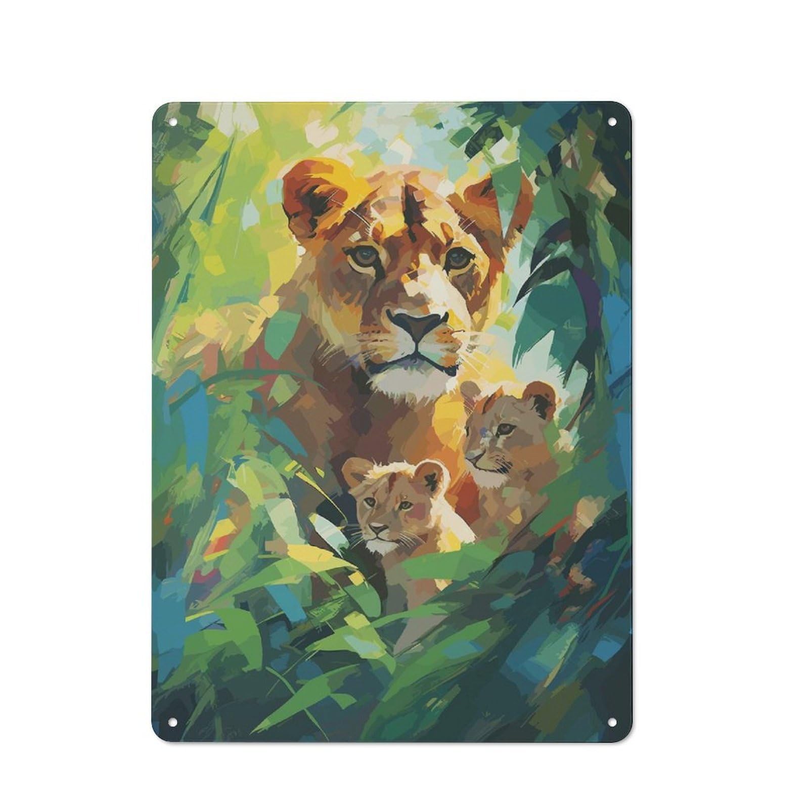Junmoney Lioness And Her Cubs Decorative Metal Sign 40X30cm, Creative Studio Wall Plaque For Hobby Room, Office, Lounge Or Living Room