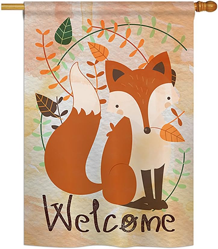 Welcome Fox House Flag Animals Wildlife Outdoor Deer Bear Wolf Pet Nature Farm Animal Creature Small Decorative Gift Yard Banner Double-Sided Made In USA 28 X 40