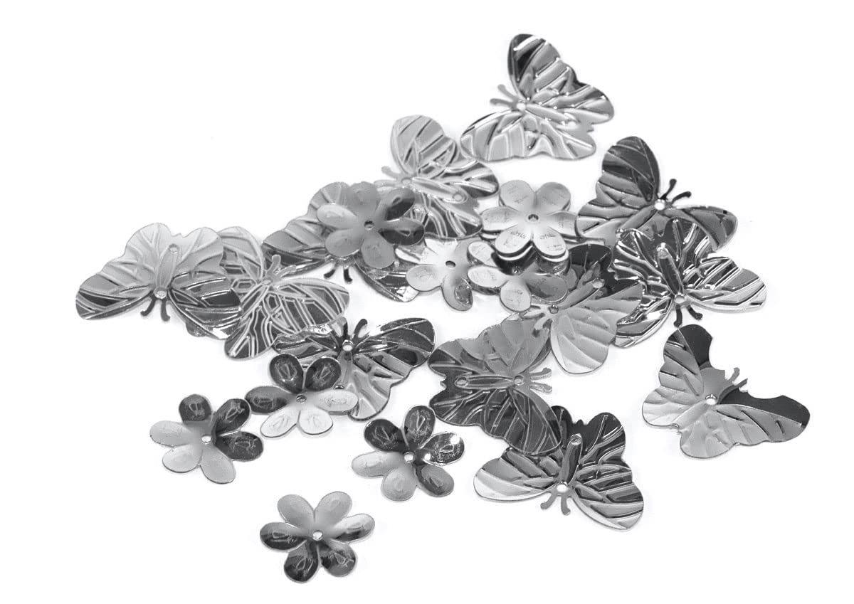 Sequins Butterflies and Silver Flowers 5 mm. 10 mm. and 20 mm. 28 g.