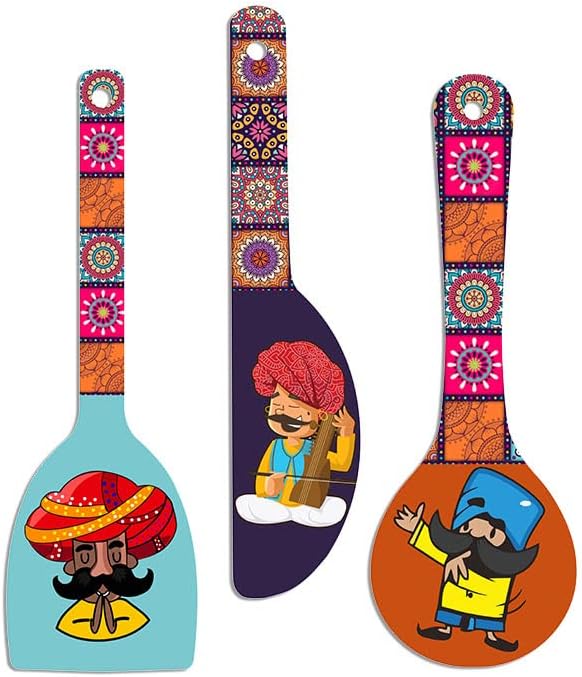 Artvibes Rajasthani Culture Wooden Wall Hanger for Home | Office | Living Room | Gift | Modern Decoration Items | Kitchen Wall Decor | Home Decor Hanging Items (WH_5012N), Set of 3