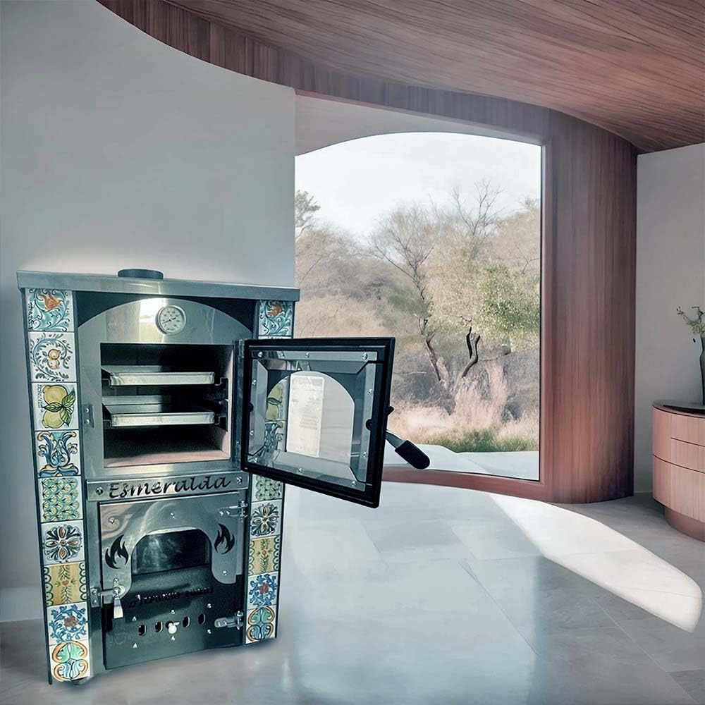 Stufa a Legna Con Forno - Esmeralda con Maioliche di Caltagirone - Potenza Riscaldamento 15 Kw, Stufa A Legna Economica In Acciaio Verniciato Antracite, Con Forno In Mattoni Refrattari, Made In Italy