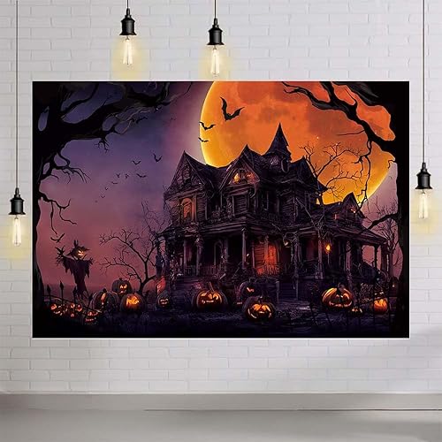 Miniatura 4 de MEHOFOND Telón de fondo temático de Halloween de 8 x 6 pies, horrible luna llena, fondo de fotografía de noche de castillo morado, calabaza, madera,