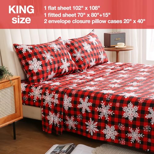 Image of JSD Red Buffalo Plaid Snowflakes Christmas Sheet Set King Size | 4 Piece Soft Microfiber Sheets, 16 in Extra Deep Pocket, OEKO-TEX Certified, Easy Care