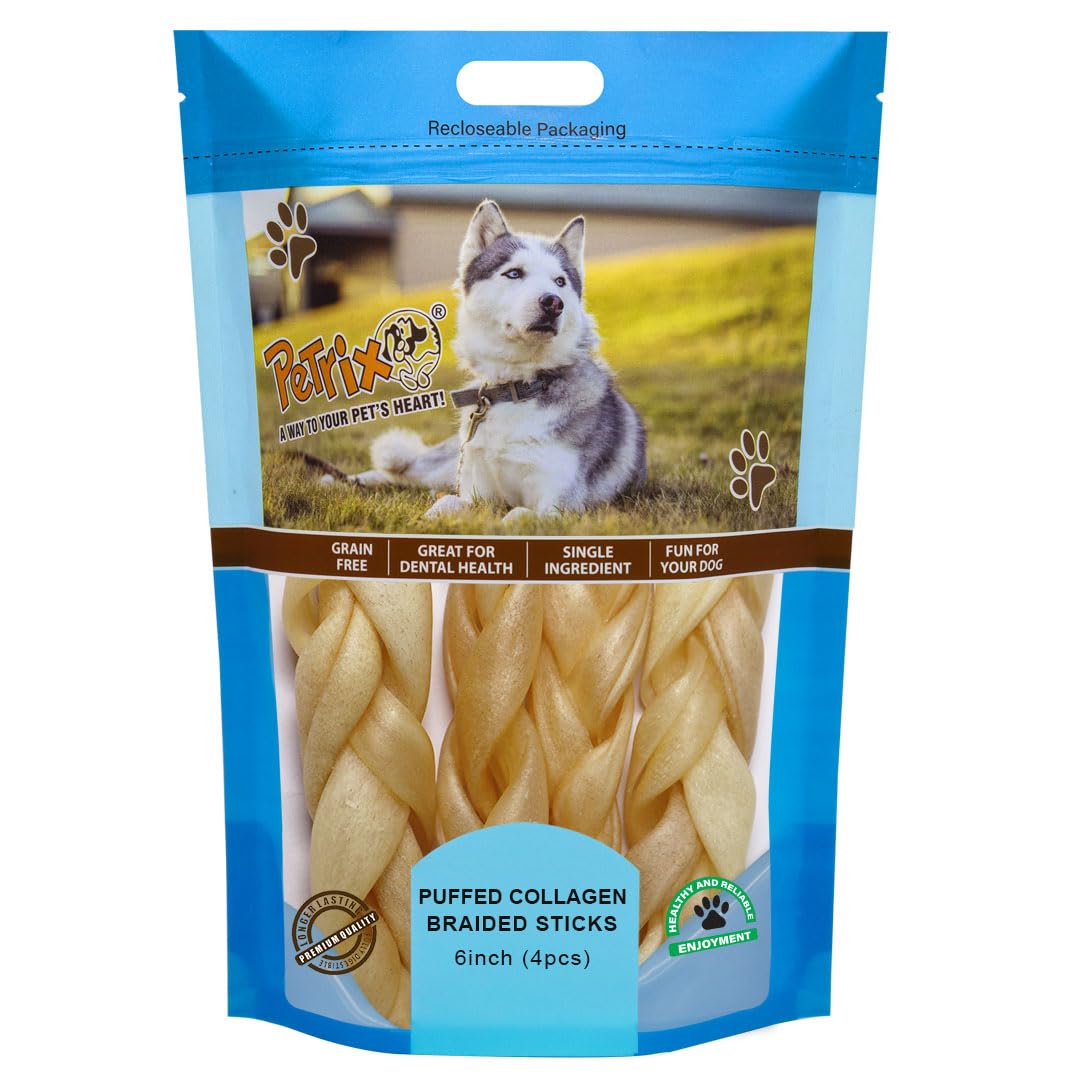 Petrrix Puffed Collagen Braided Sticks 6 inch Chew Sticks for Dogs- 4 Pcs, Single Ingredient, Low Odor & Long Lasting Alternative to Rawhide Breeds Dogs Treat (B0CTKPGRFL) Amazon Price History, Amazon Price Tracker