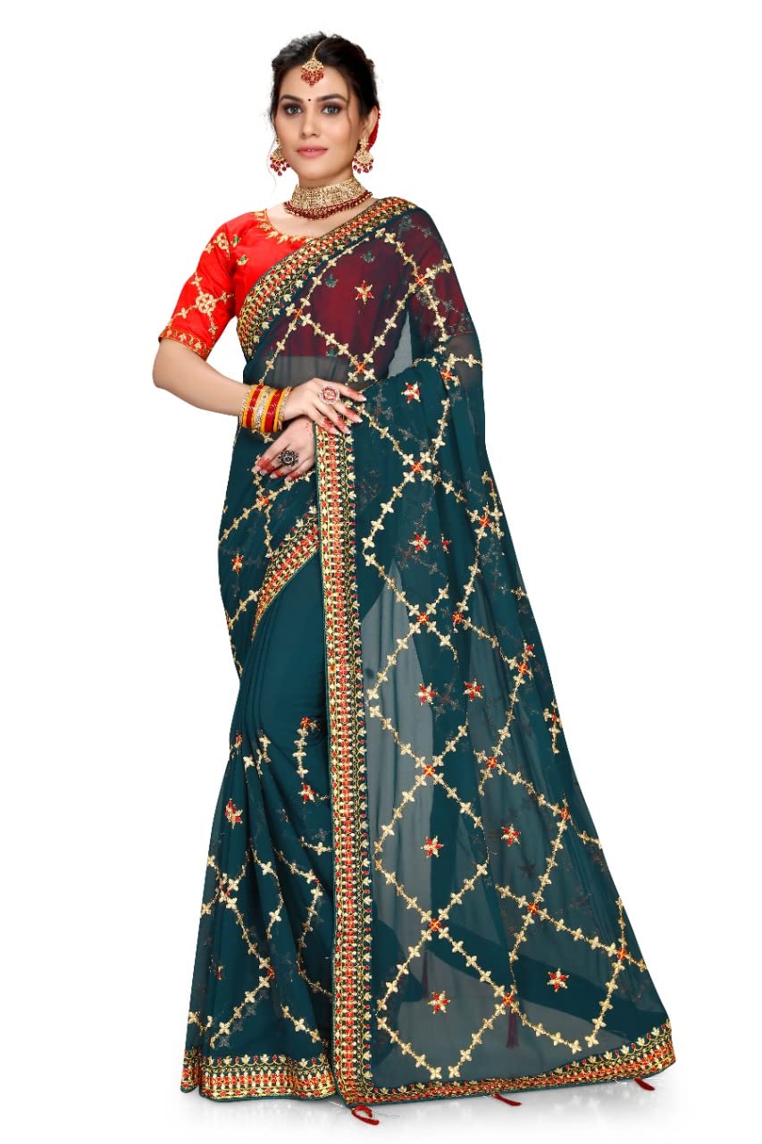 jayant creation Embroidery bridal Georgette saree with unstiched Blouse piece