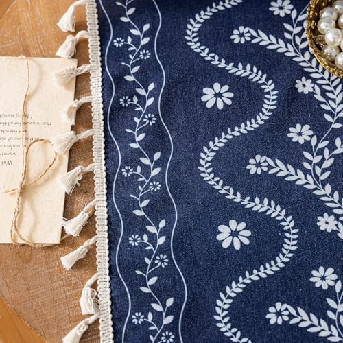 Image of Navy Blue Boho Curtains 45 Inch Long for Living Room, Bedroom, 2 Panels Floral Farmhouse Vintage Tassel Semi Sheer Light Filtering Privacy Window Curtain Drapes with Rod Pocket, Navy Blue
