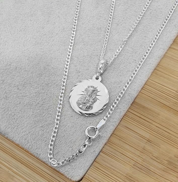 Collier gourmette en argent sterling 925 poli avec médaillon de la Vierge noire de Csinstochau - Bijou religieux élégant