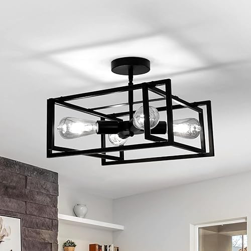 DELIPOP Lámpara de techo LED de 4 luces industrial, color negro, lámpara de techo semiempotrada, iluminación para comedor, cocina, pasillo, isla