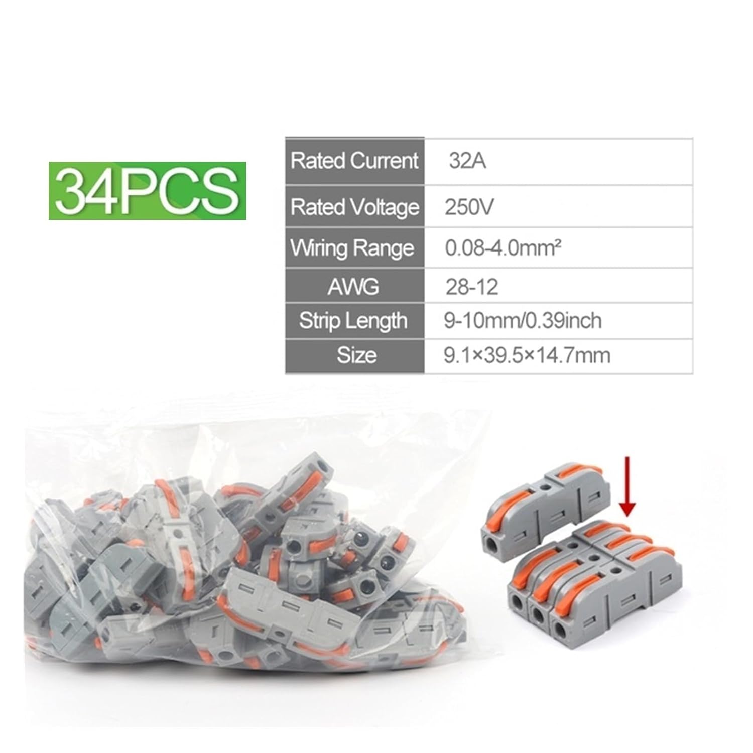 Universal Compact Wiring Splicing Conector Quick Splicing Multiplex Butt Wire Connector Compact Electrical Cable Terminal Block Home Wiring Connectors Junction Box(34PCS)