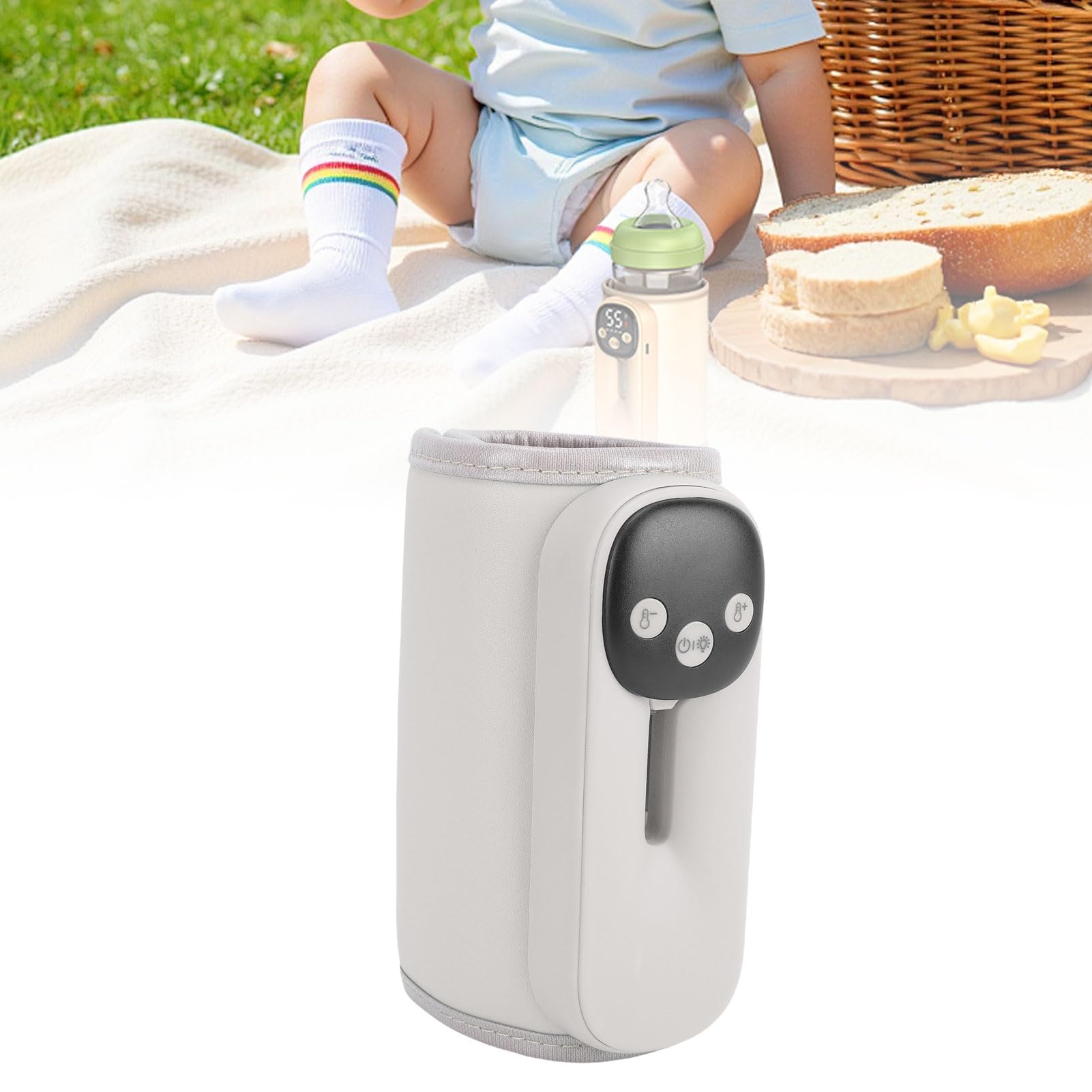 Scaldabiberon per Senza Fili Portatile con 11 Impostazioni di Temperatura Riscaldamento a 360° Display Digitale per Bottiglie da 2,56-3,15 Pollici Luce Notturna Cinghia Regolabile (Beige)