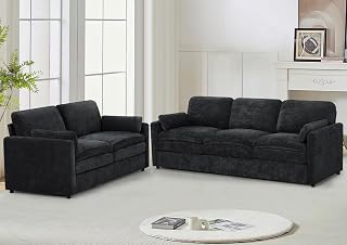 LESOFAIR 89" & 69" Chenille Sofa Set: Plump Armrests, Thicker Cushions, Deeper Seats - Modern 2+3 Seater Living Room Couch in Black