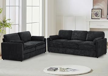 2 Pieces Chenille Upholstered Sofa Set w/Thicker Cushions, Black | Loveseat and 3 Seats Sofa with 2 Armrest Pillows, Modern Sofa Set with Deeper Seating Space for Living Room, Apartment
