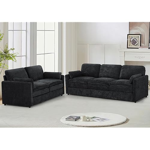 89“ & 69” Chenille Sofa Set w/Plump Armrest Pillows, 2 Seats and 3 Seats Couch with Deeper Seat Space, 2 Pieces Modern Sofa Set with Thicker Seat Cushions for Living Room, Black