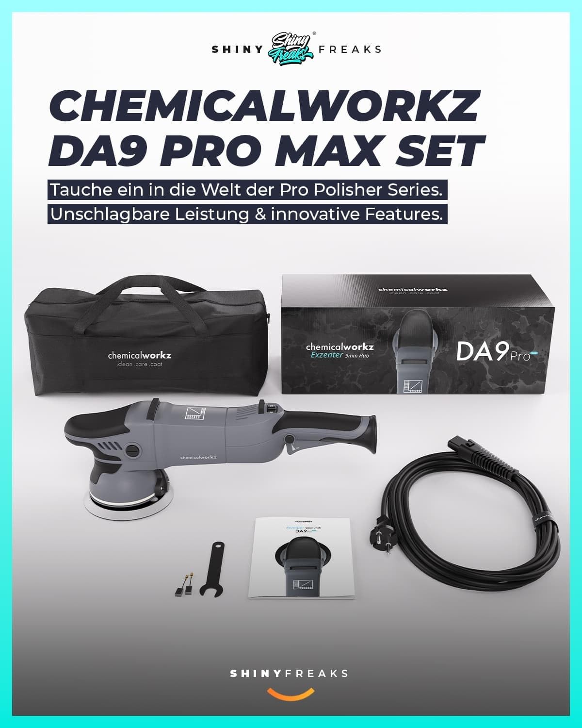 Poliermaschinen Set: chemicalworkz DA9 Pro Max Exzenter Poliermaschine + Sonax Politur Set + Royal Pads Premium Polierpads + Dr. Wack Versiegelung für Lack + Zubehör | 20-teilig