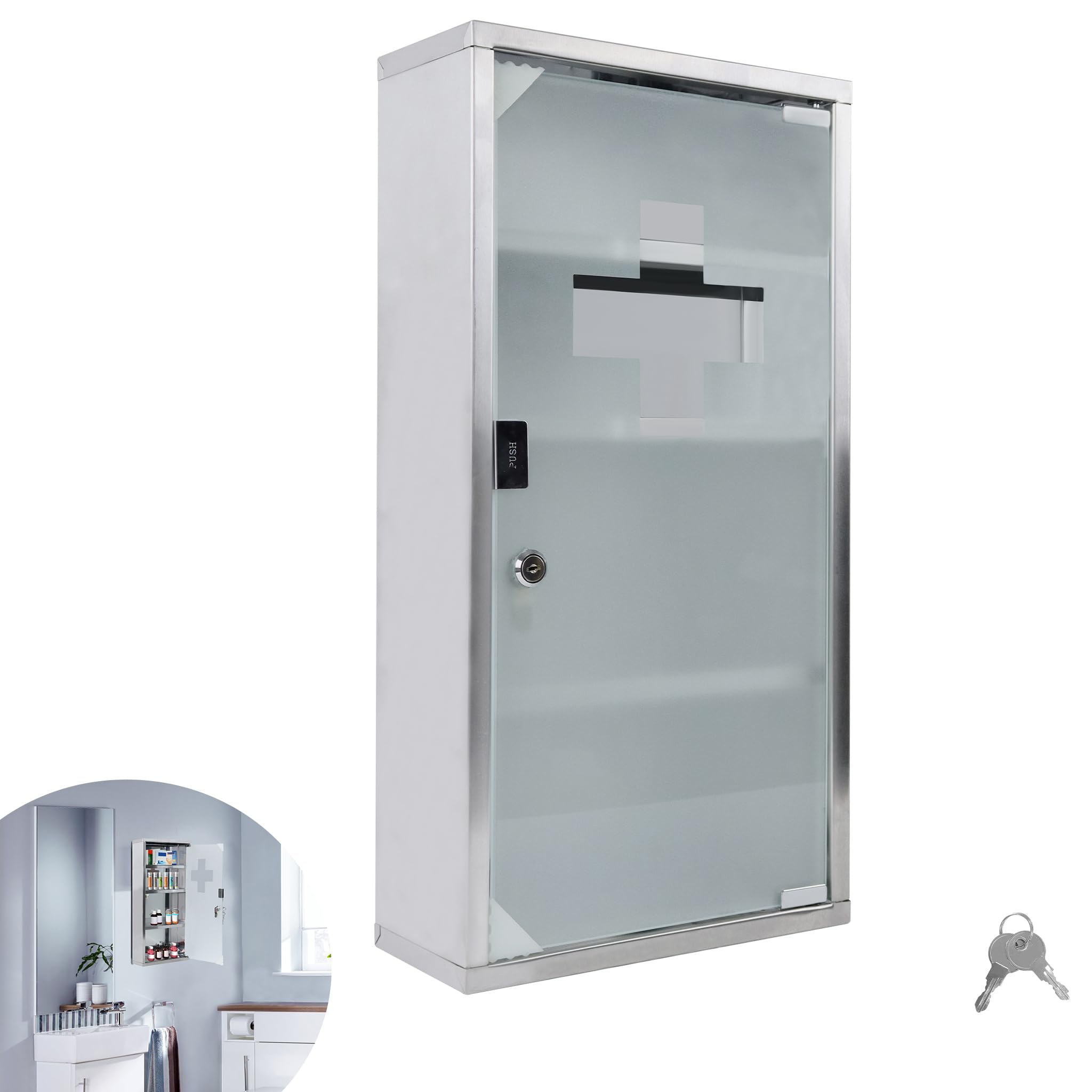 YRHome Armoire à pharmacie en acier inoxydable - 4 compartiments avec porte en verre et serrure verrouillable - 57,5 x 30 x 12 cm