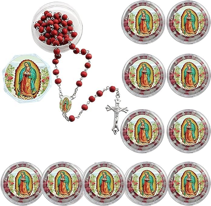 Primera Comunión/Bautismo, Rosarios Rojos de Nuestra Señora de Guadalupe, Rosario de Madera Pack 12 Set.Niño/Niña. Rosarios para Primera Comunión.