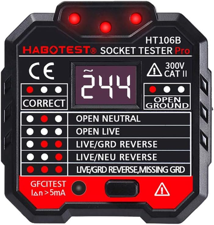 Davant view of HT106B Socket Tester showing LCD display with voltage lectura