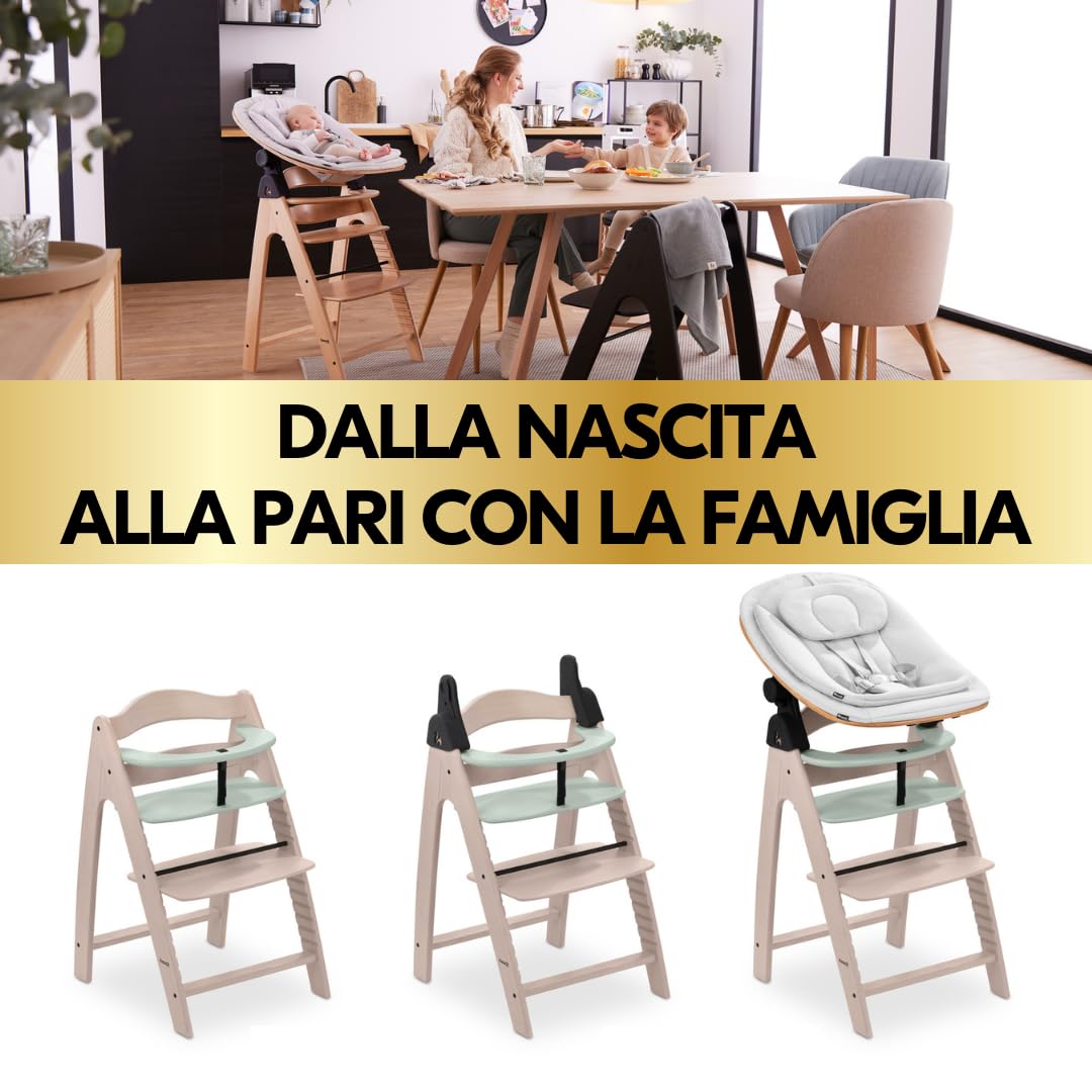 hauck Seggiolone Pappa Arketa Newborn Set Eco Bouncer – Seggiolone Evolutivo Legno Regolabile per Crescere insieme fin dalla Nascita, incluso Sdraietta Neonati e Cuscino (Faggio - Whitewashed Menta)