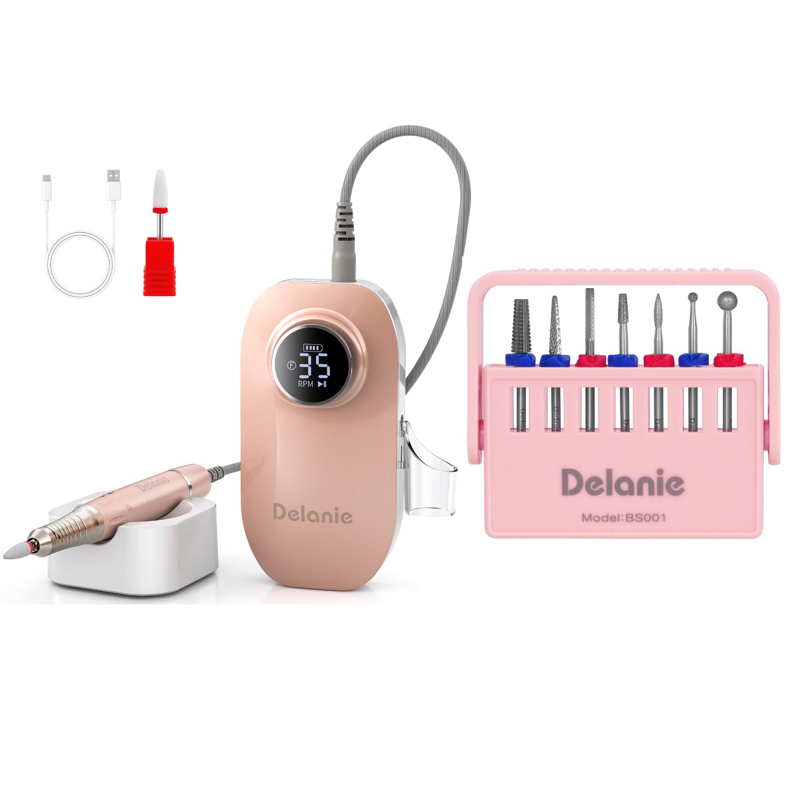 Delanie Ponceuse pour Ongles Moteur Sans Balais, lot avec Set de 7 Embouts de Ponçage 3/32 en Carbure de Tungstène & Diamant