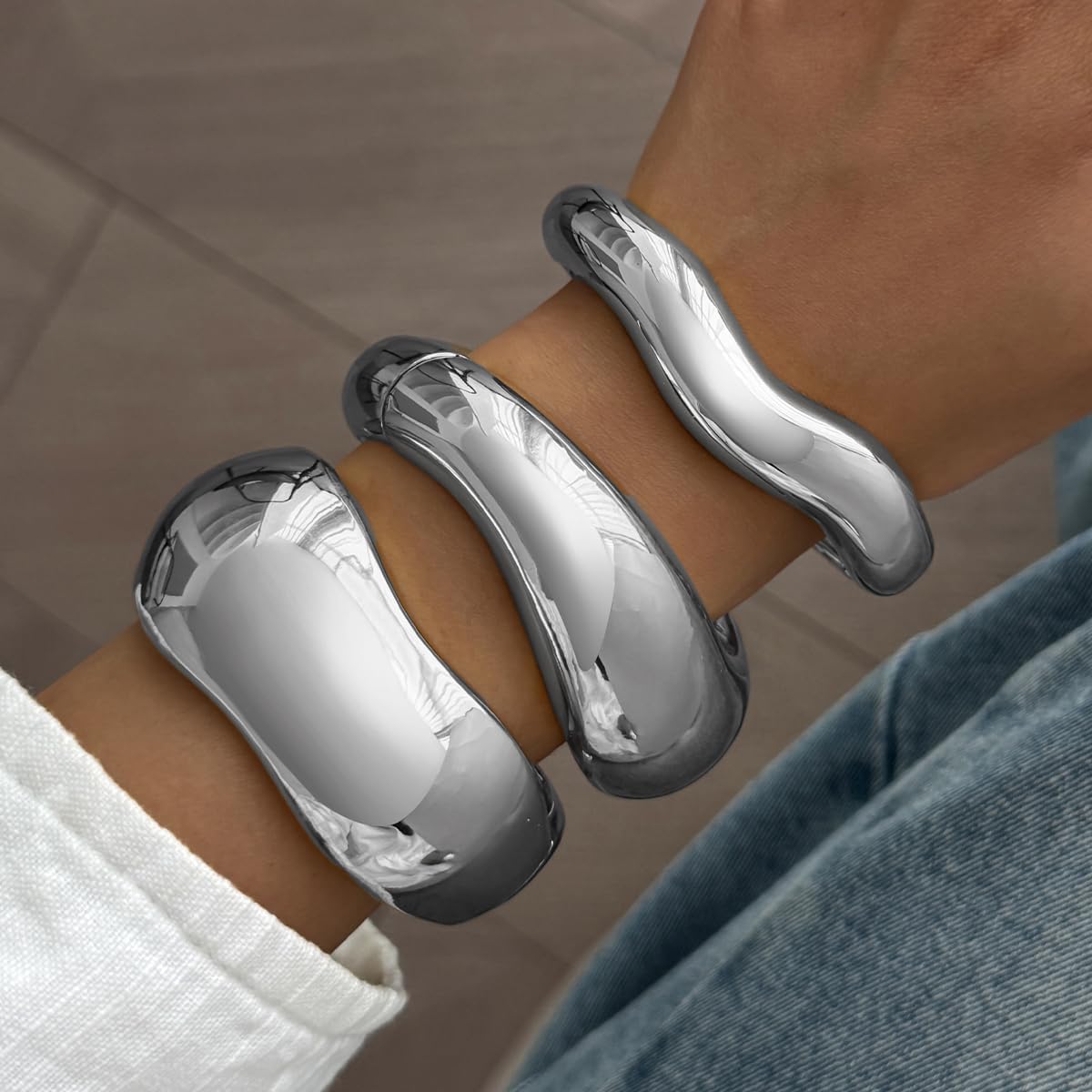 Chunky Gold Bangle Bracelets for Women Trendy Silver Irregular Statement Cuff Bracelets Stack Wide Wire Minimalist Fashion Jewelry - Image 3