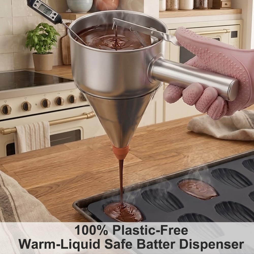 Pancake Batter Dispenser – 40oz Stainless Steel No-Drip Funnel, 4 Interchangeable Silicone Nozzles, Easy Control Batter Dispenser for Pancakes, Cupcakes, Funnel Cakes, Muffins & More image 4
