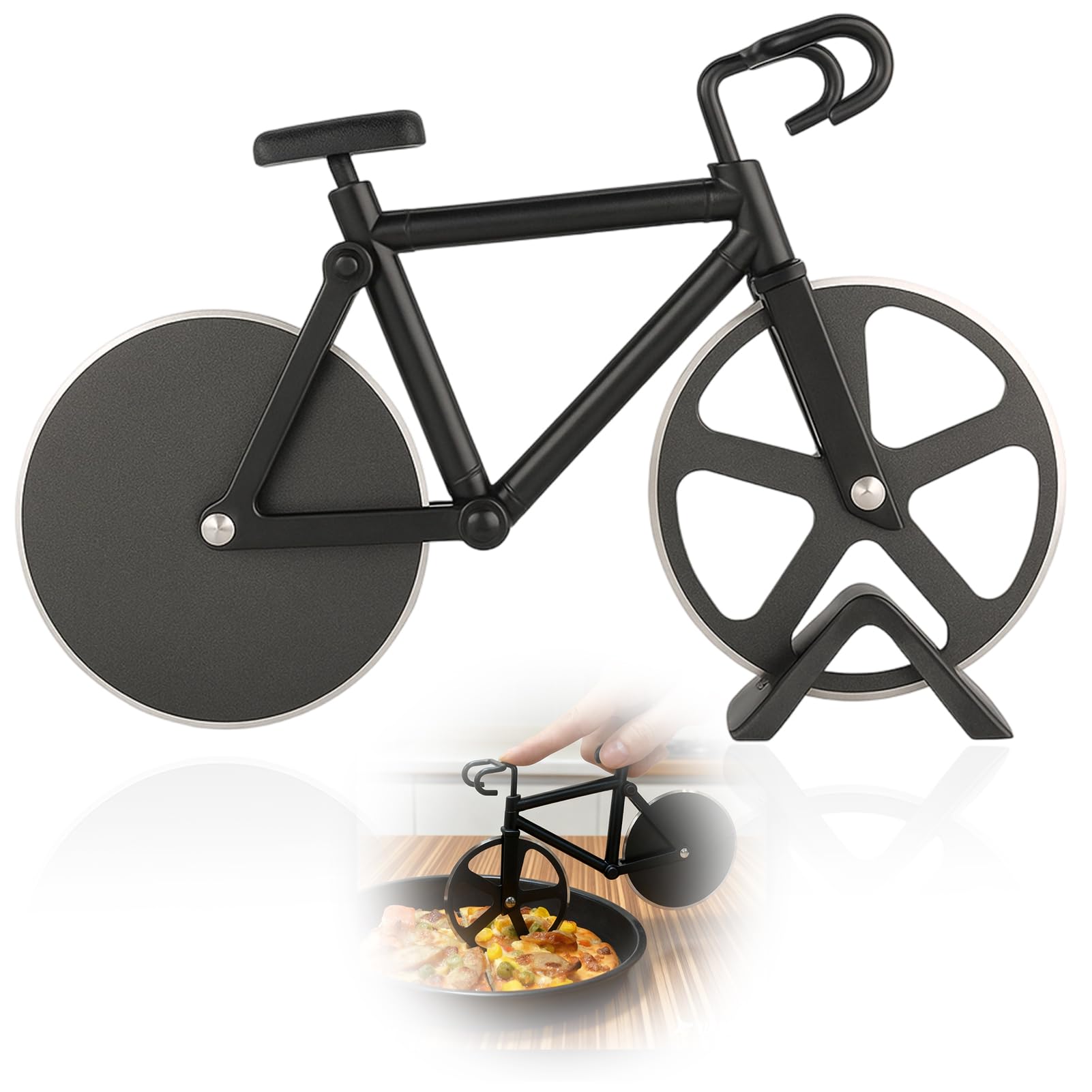 Cortador de pizza para bicicleta, 18,5 cm, acero inoxidable antiadherente, cortador de pizza, divertido cortador de pizza, cortador de pizza doble con rueda de corte afilada y soporte para regalos de