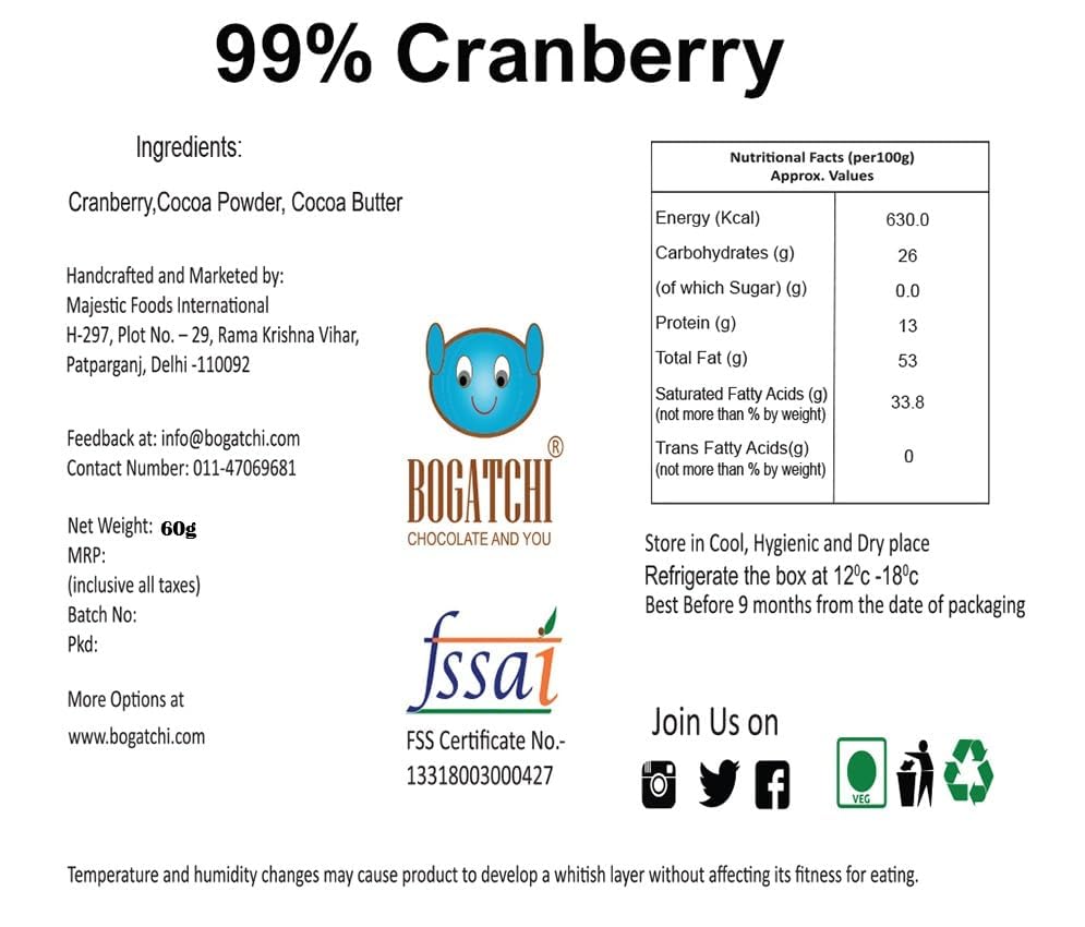 Image of BOGATCHI 99% Dark Handcrafted Chocolate with Cranberries, Real Cocoa Intense Dark Chocolate, 60gm