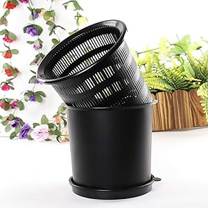 Orchid Flower Pot, 8-inch Flower Planters with Holes and Mesh Plastic Round Plant Pot for Indoor Outdoor Gardening Plants - Outer and Inner Pots (Black)