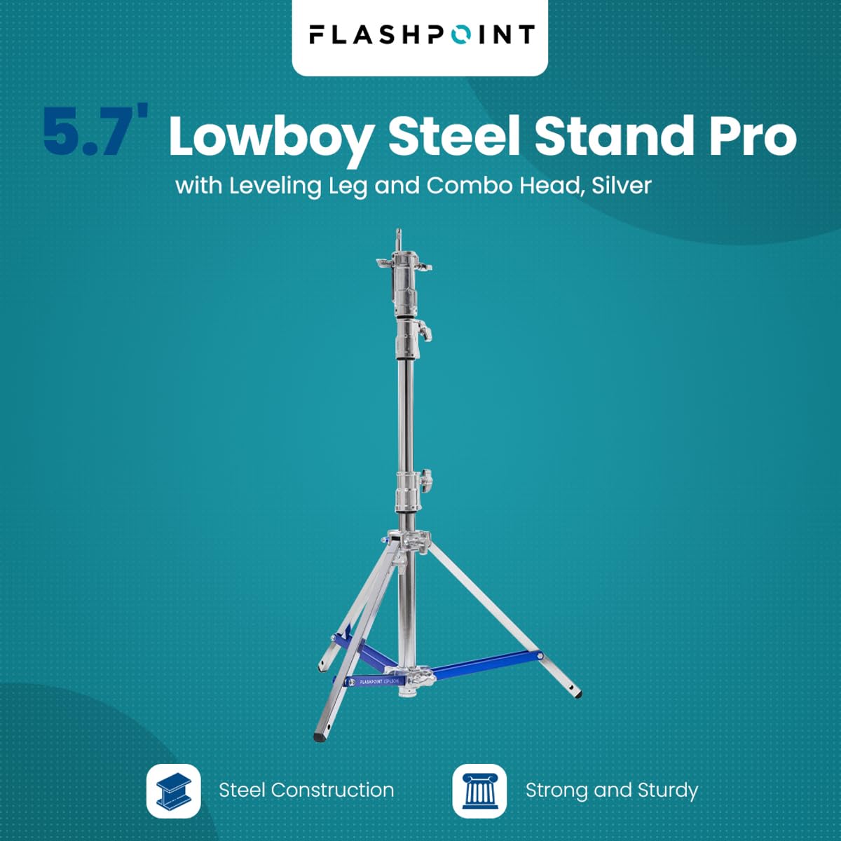 Flashpoint 5.7' Lowboy Steel Stand Pro with Leveling Leg and Combo Head, Silver