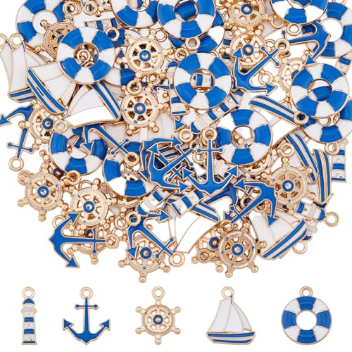 DICOSMETIC 80 Stück 5 Stile Emaille Nautische Anhänger Hellgoldener Anker Charms Legierung Leuchtturm Charme Ruder Kompass Charms Blaue Rettungsring Segelboot Charm Für Die Schmuckherstellung