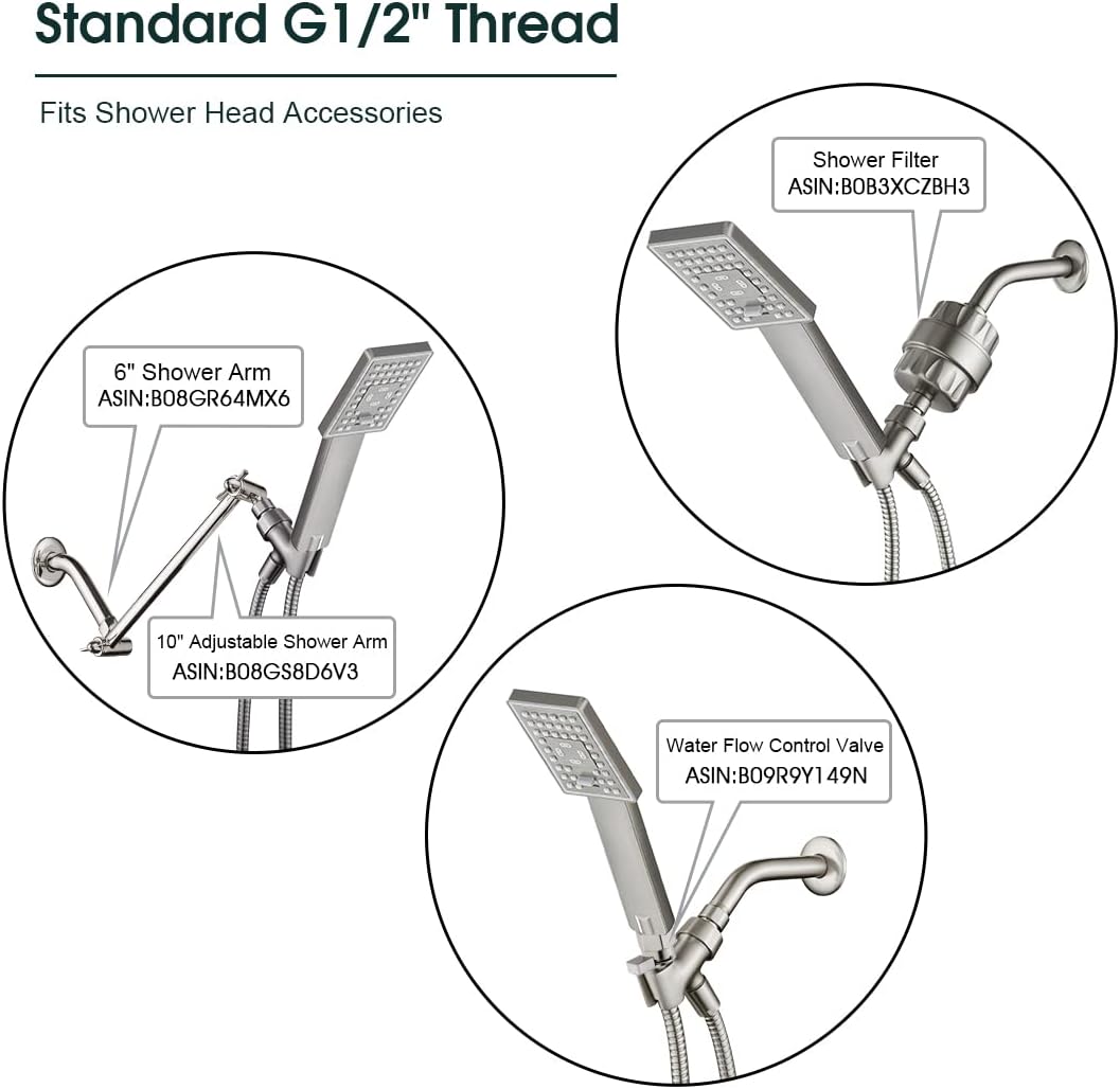 BRIGHT SHOWERS High Pressure Handheld Shower Head Set, High Flow Hand Held Showerhead with 60" Long Stainless Steel Hose and Adjustable Wall Bracket, 3 Spray Setting Shower Wand, Brushed Nickel