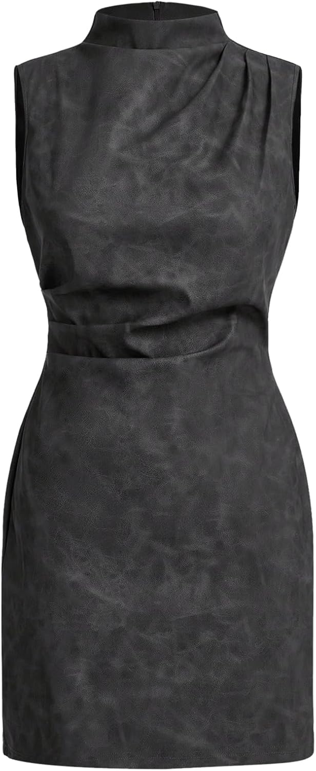 Women's PU Leather Ruched Bodycon Dresses Mock Neck Sleeveless Zipper Mini Tank Dress