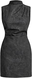 Women's PU Leather Ruched Bodycon Dresses Mock Neck Sleeveless Zipper Mini Tank Dress