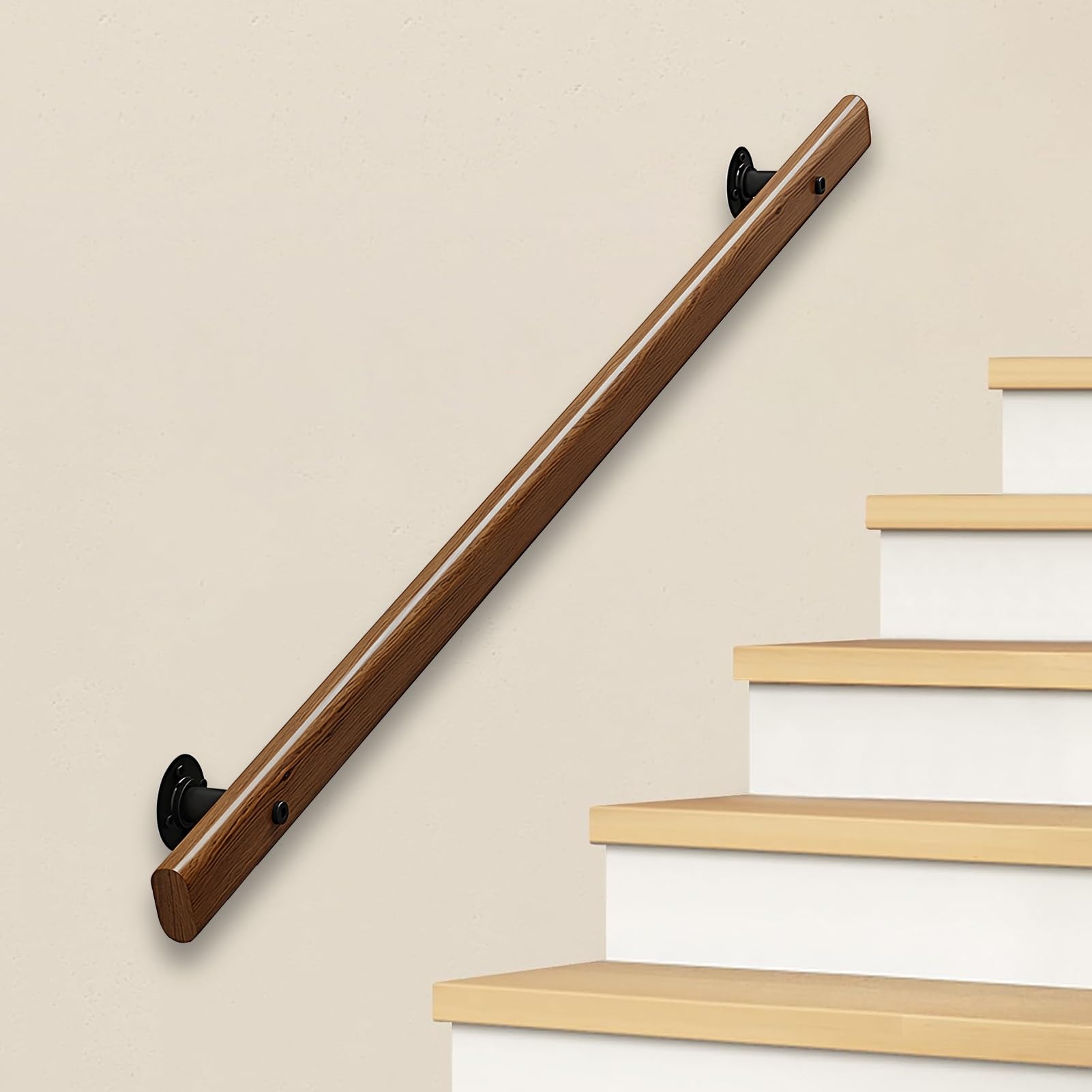 RRrawgff Non-Slip Wooden Stair Handrail, Wall Mount Safety Grab Bar with Metal Brackets for Indoor Outdoor Steps(6ft/180cm)