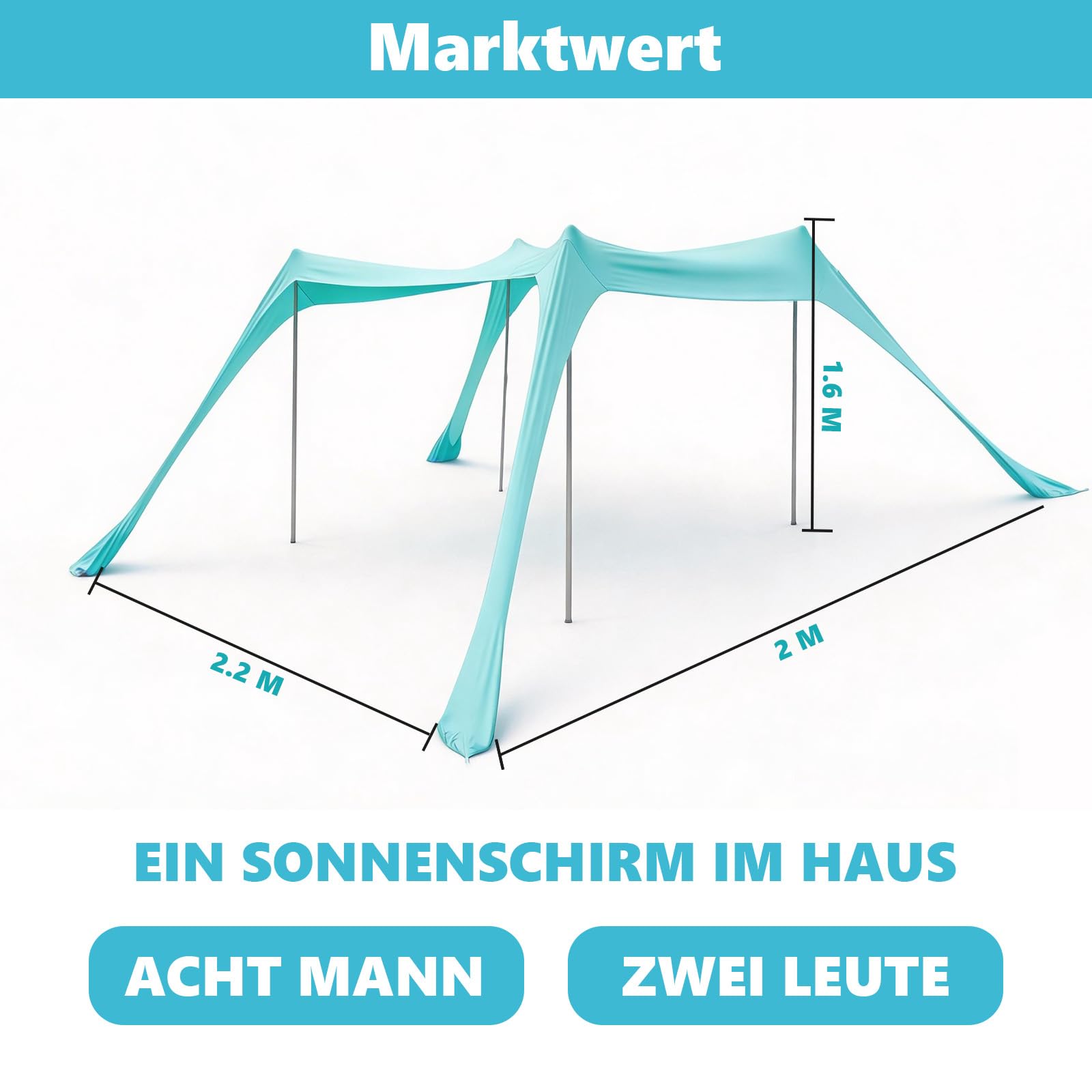 Sonnenschutz Strandzelt mit UPF50+ 2.2 x 2 x 1.6 m Strand Sonnensegel mit Sandschaufel & Erdnägeln - Strandmuschel UV Beach Tent leichte Strandüberdachung für Camping, Picknick, Garten (Turquoise)
