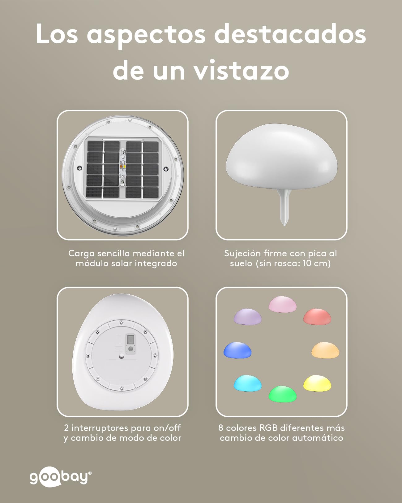 goobay Set de 2 Lámparas solar LED Piedra RGB 24cm para jardín y exterior, esferas IP44 impermeables, luz ambiental con 10 modos, resistente a la intemperie, ideales para terraza y balcón, con estaca