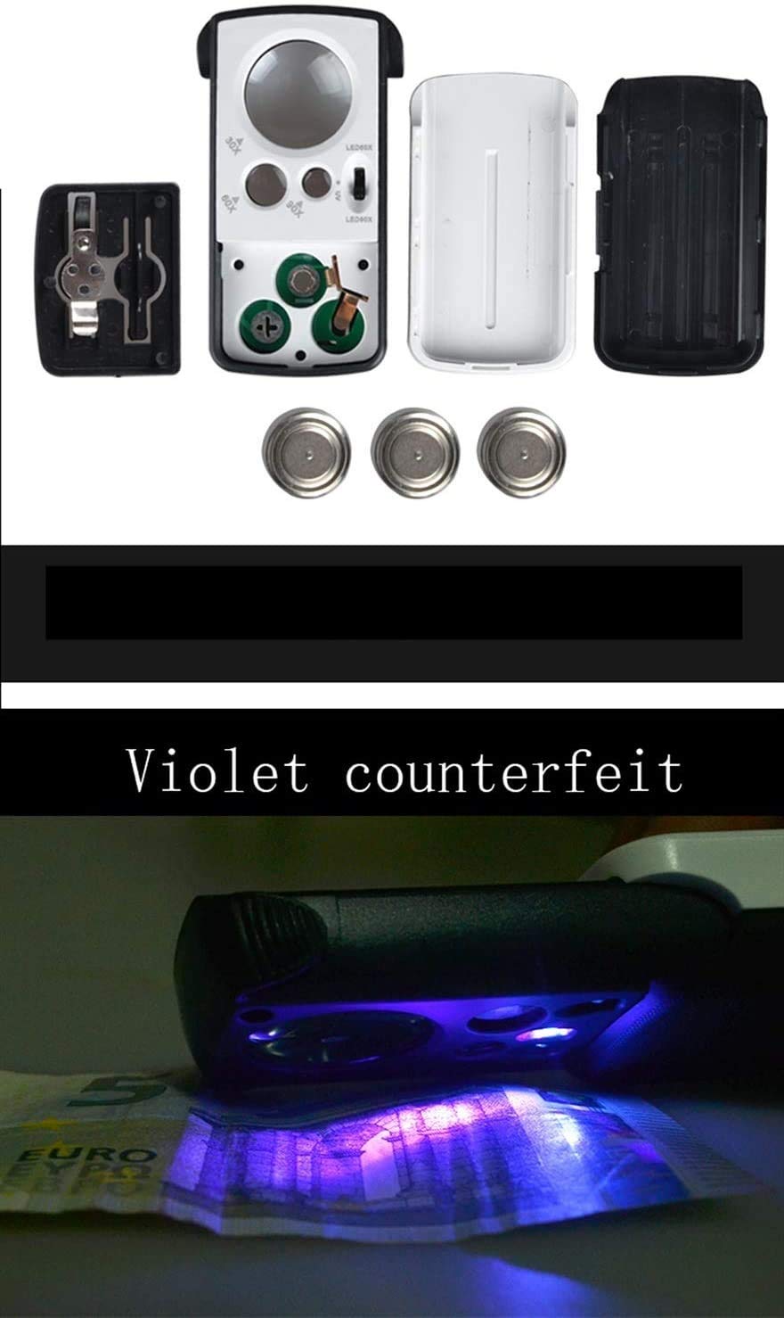 Lupa de Mano con luz LED y Ultravioleta 30X 60X 90X para mecanizado de precisión de identificación de Joyas Lupa