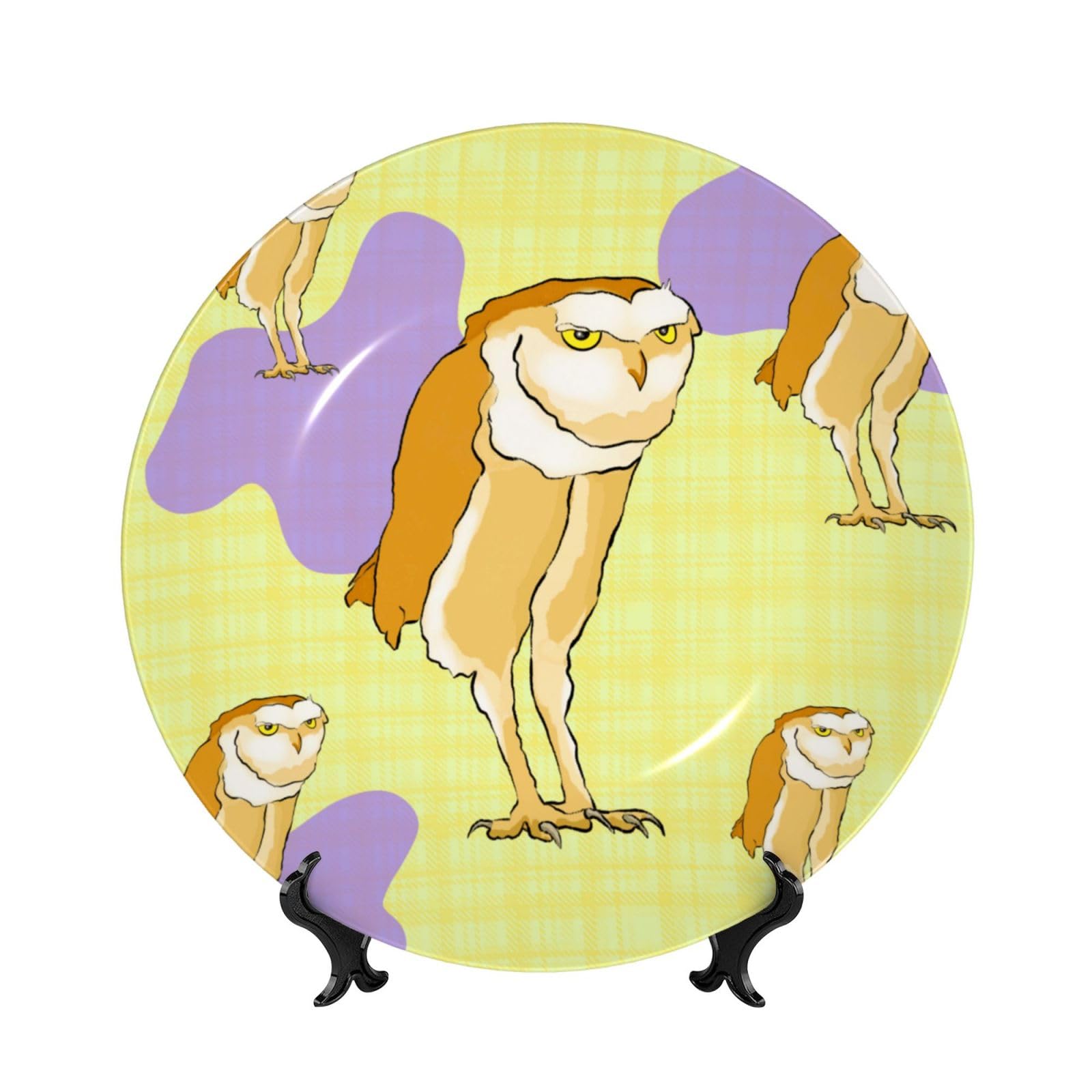 SXZVVBN Standing Owl Bone China Decorative Plate Art with Stand Removable Adhesive Hanging for Home Office 7in